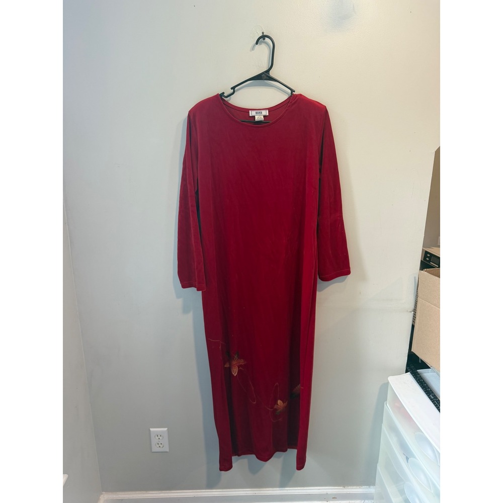 Vintage Obe Womens Red Velvet Long Sleeve Leaf Embroidered Maxi Dress Medium USA